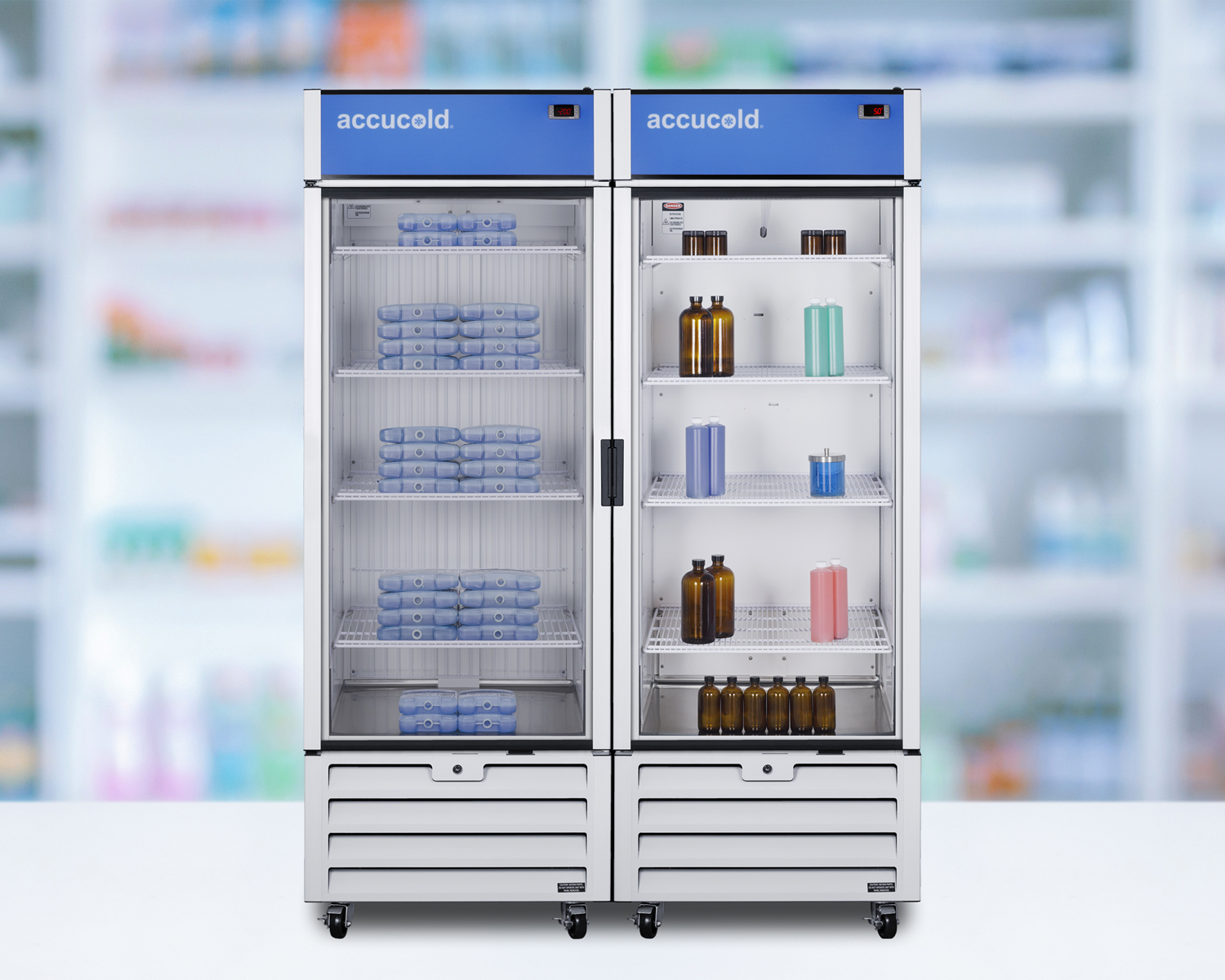 21.34 cu.ft. general purpose healthcare all-freezer with self-closing glass door, front lock, and white cabinet